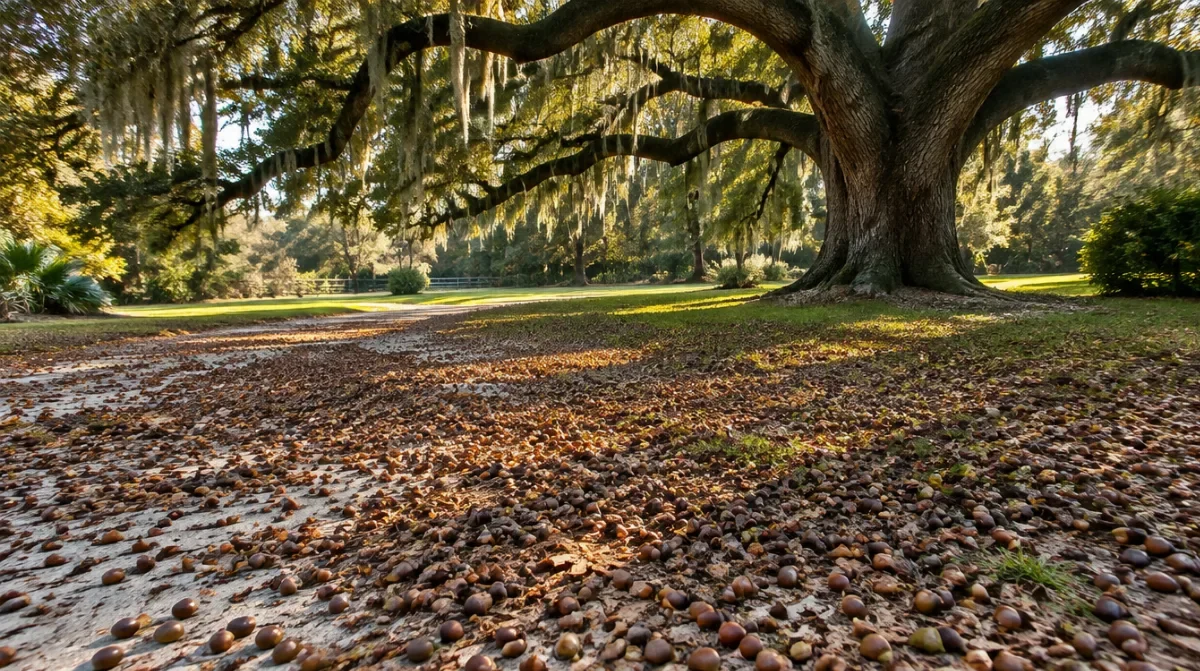 Thick carpet of acorns across a sandy driveway beneath a spreading coastal Georgia live oak in autumn