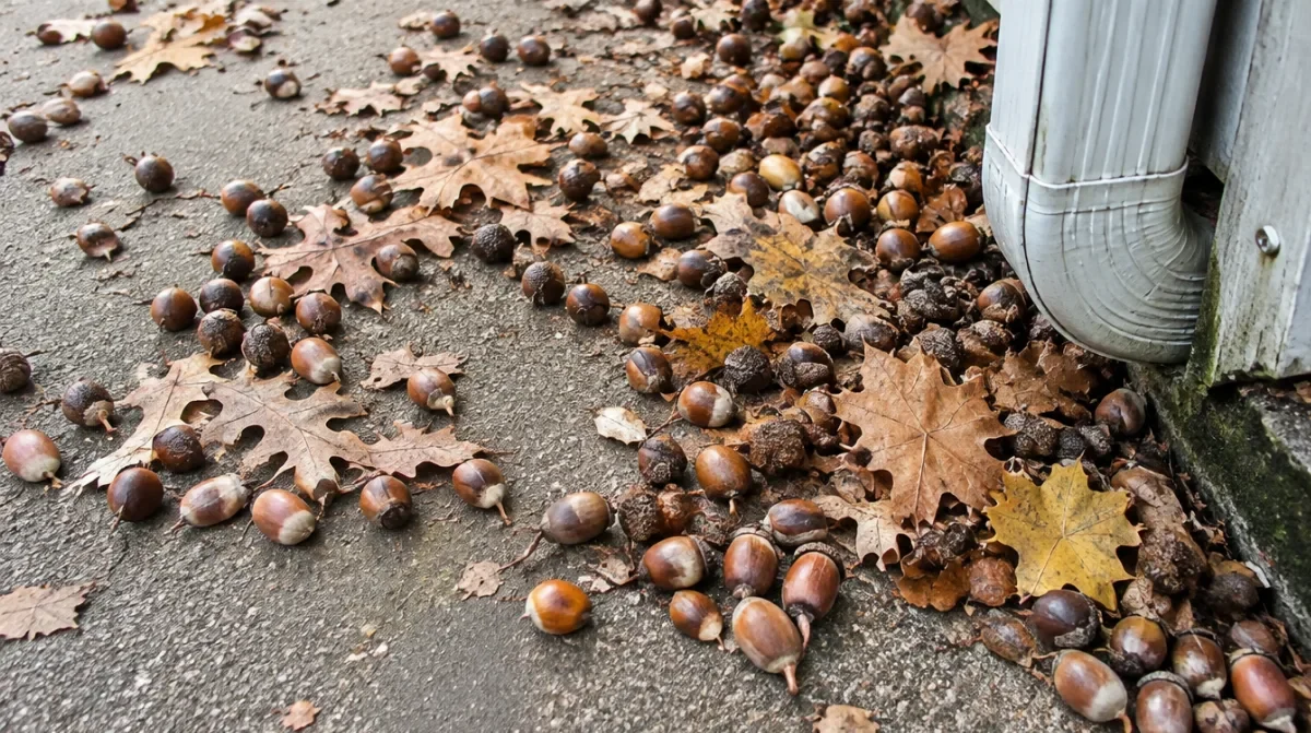Acorns, caps and oak leaves scattered on a concrete driveway and packed at a gutter downspout