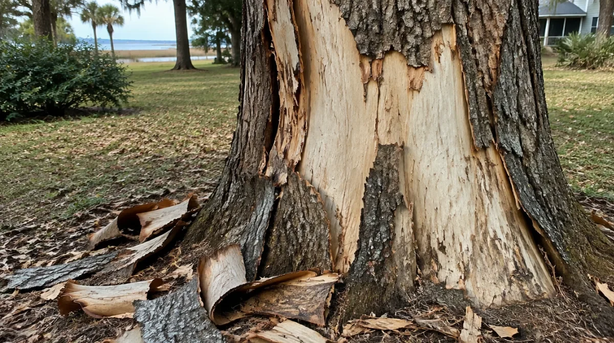 Large patches of bark sloughing off a tree trunk exposing pale bare wood with loose bark on the ground