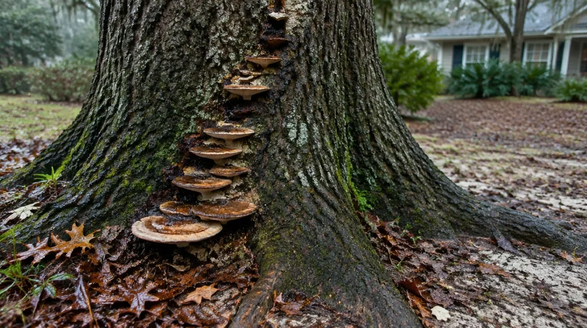 Row of tan bracket fungus shelves growing out of the lower trunk and root flare of a large oak in a damp coastal Georgia yard