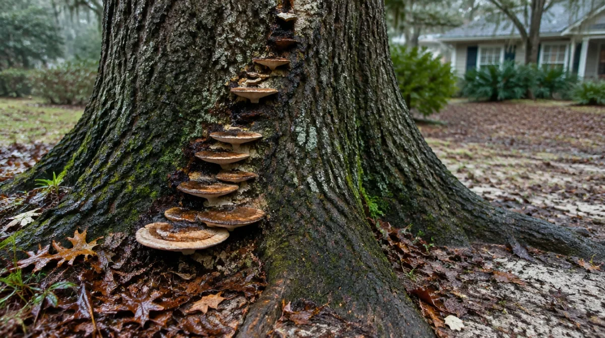 Row of tan bracket fungus shelves growing out of the lower trunk and root flare of a large oak in a damp coastal Georgia yard