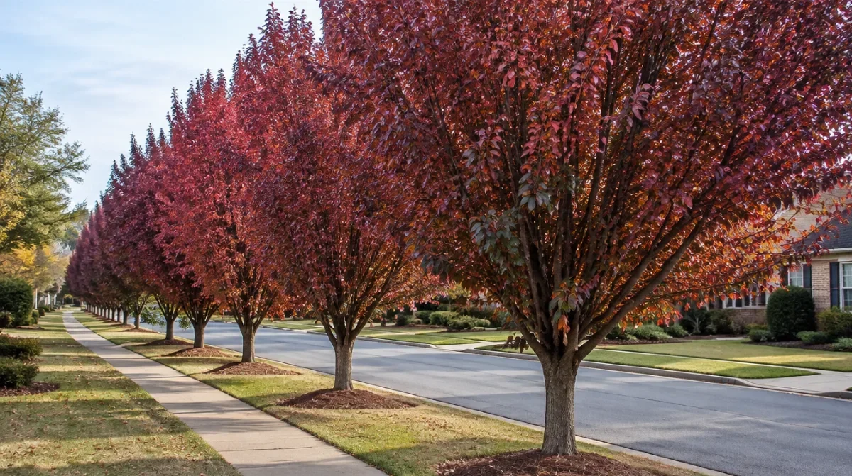 Row of Bradford pear trees with crowded upright branching and reddish purple autumn foliage along a suburban street