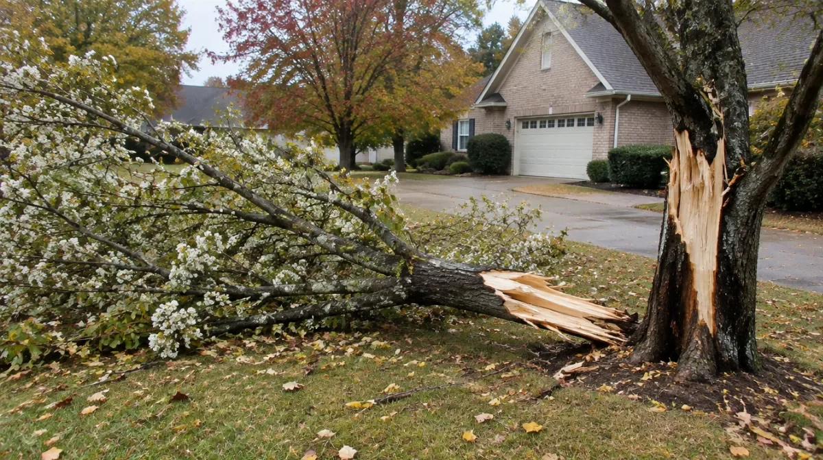 Bradford pear tree split down the middle with half the tree fallen across a suburban Georgia lawn