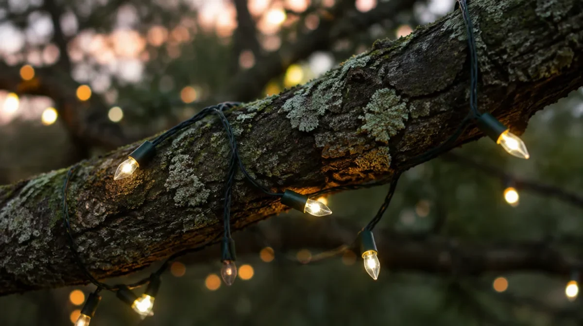 Warm white string lights wrapped loosely around a thick oak branch with slack left in the cord