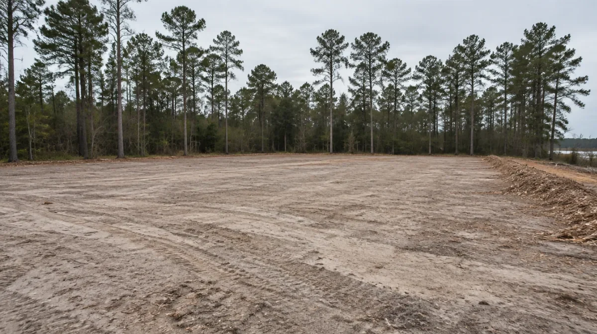 Freshly cleared coastal Georgia lot in winter with bare sandy ground, ground stumps and a tree line of pines left standing