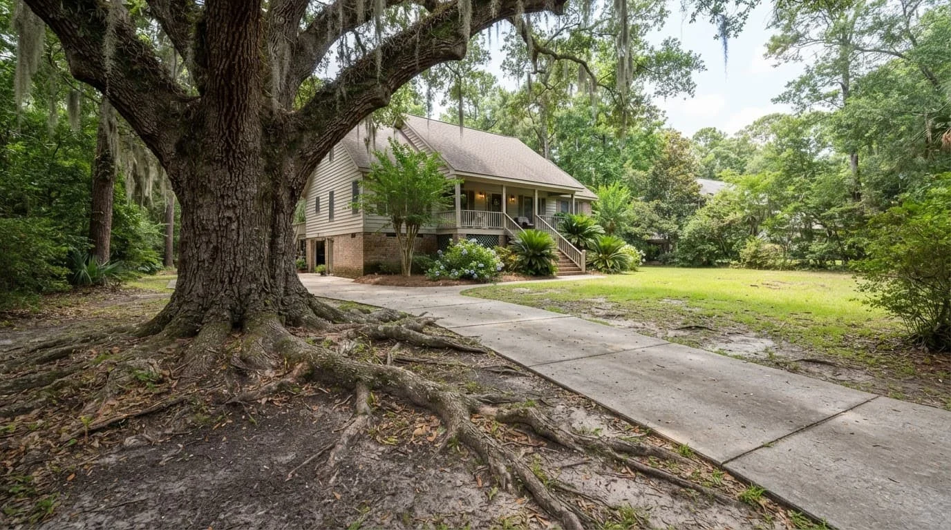 Live oak roots beside a driveway, house foundation, and open lawn in coastal Georgia.