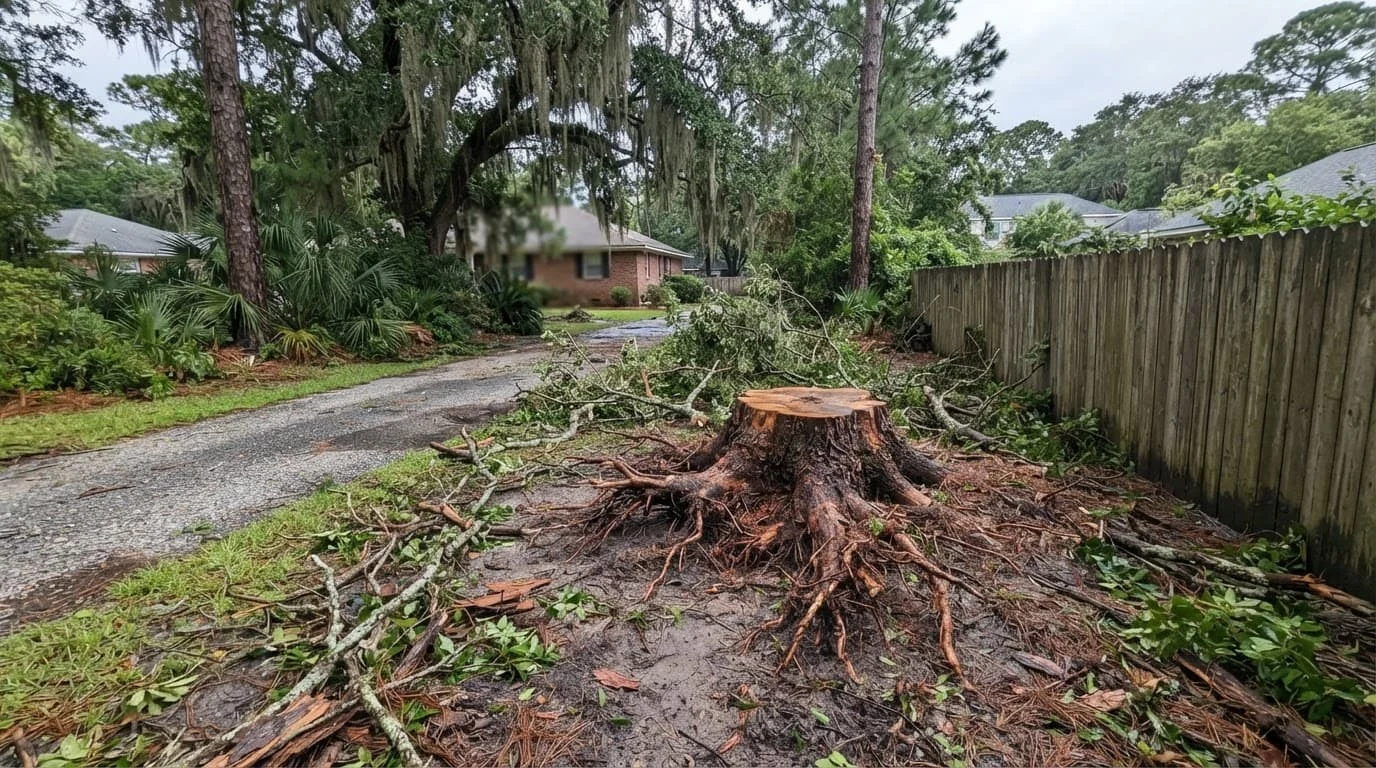 Storm-damaged stump with exposed roots and broken limbs beside a driveway and fence.