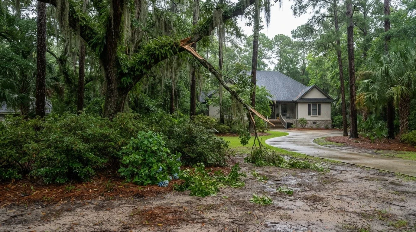 A storm-damaged Georgia yard with broken shrubs, Spanish moss, pine trees, and a distant roof.