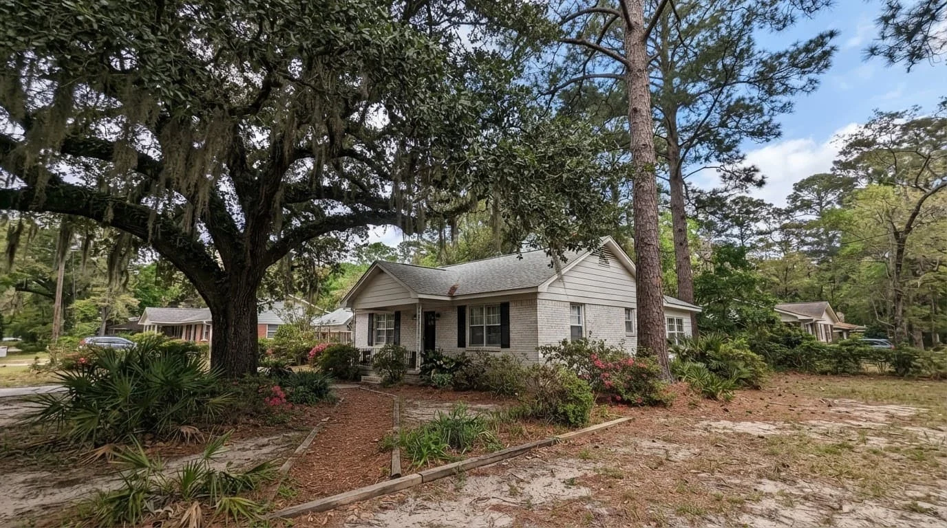Two trees stand beside a one-story house in a sandy Georgia yard.