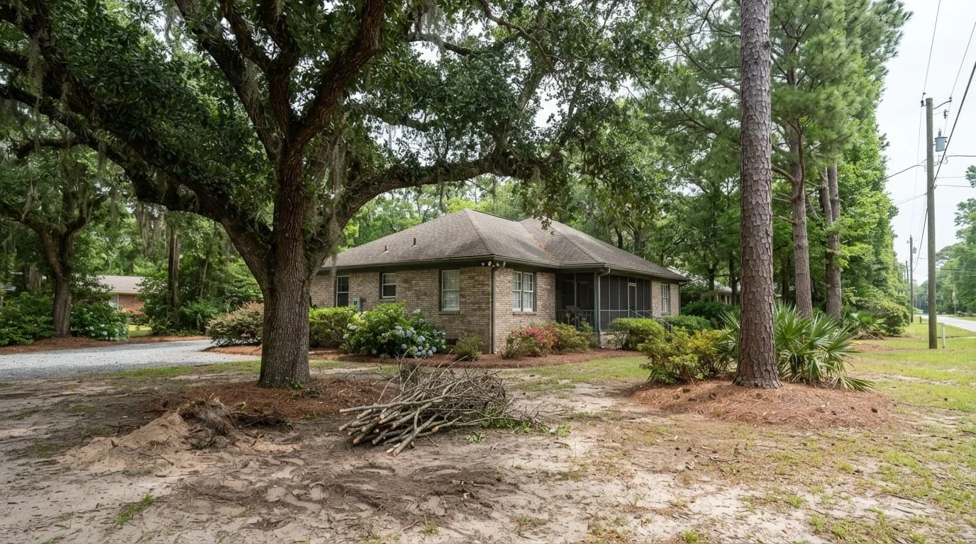 Live oak and pine trees frame a home with dead limbs and disturbed soil.