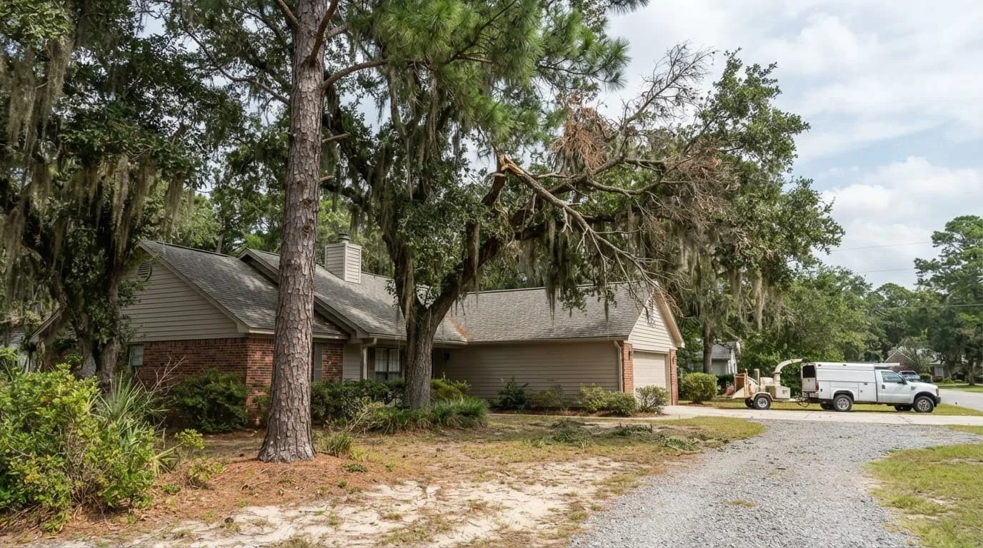 Pine and oak trees stand beside a coastal Georgia home with a hanging limb and sandy yard.