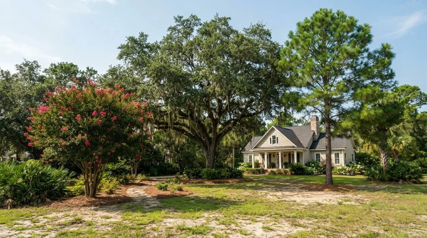 Healthy trees surround a sandy Georgia yard with a house in the background.