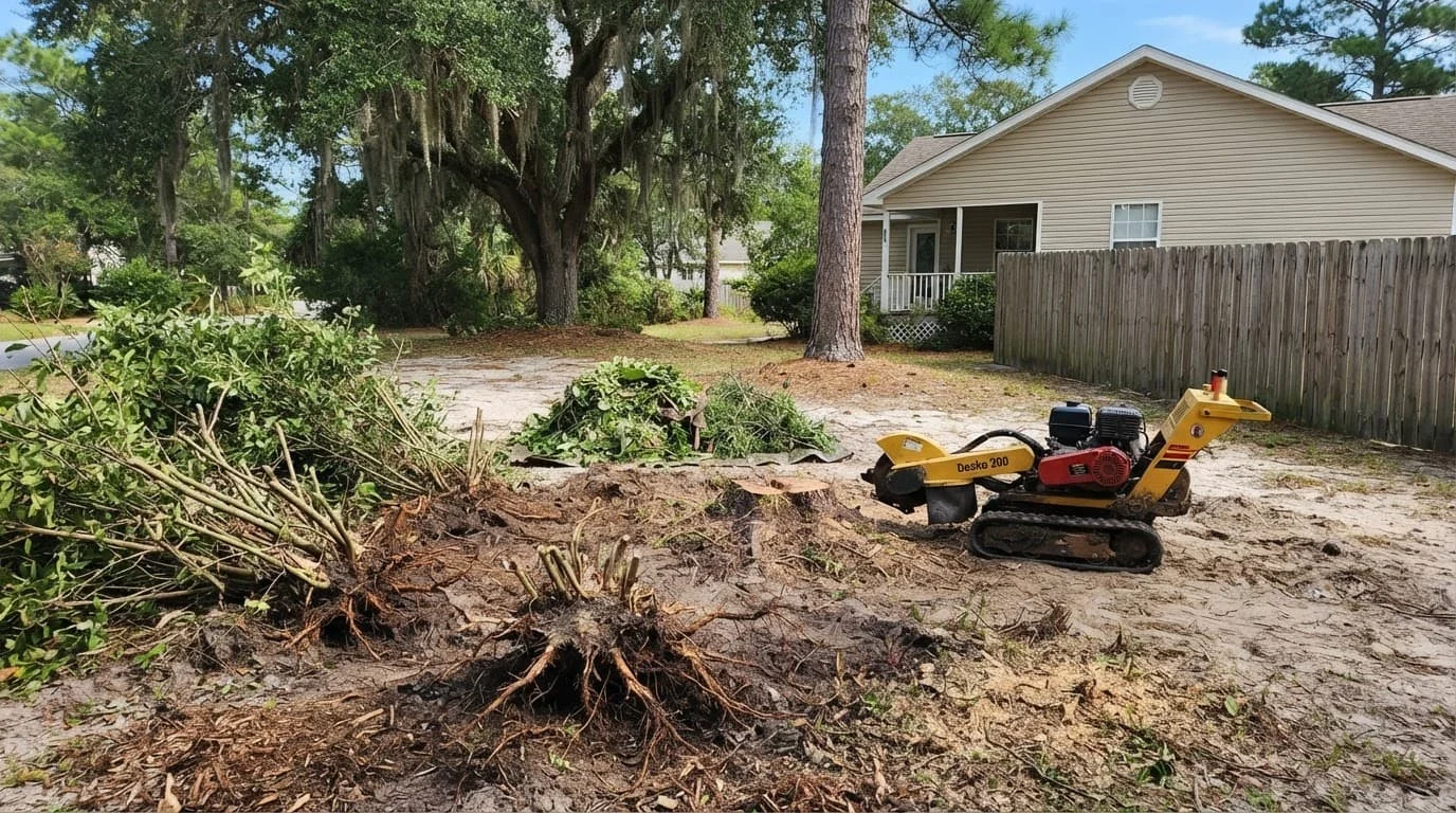 Cut shrub stems and exposed roots sit beside green waste and a stump grinder in a sandy yard.