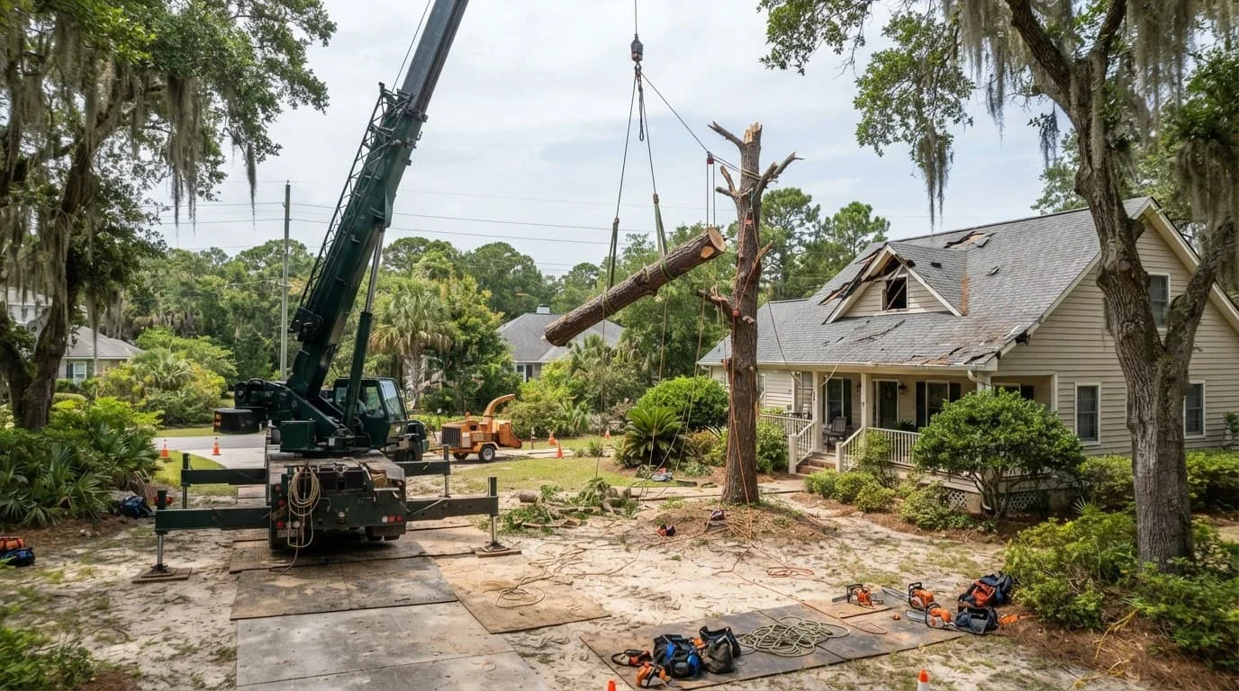 A crane lifts a damaged pine section beside a Georgia home with mats protecting the yard.