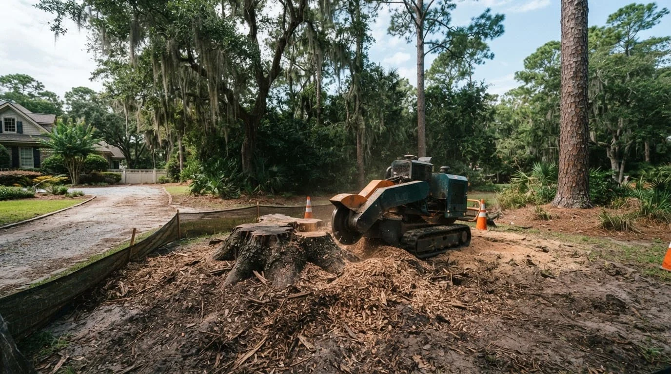 A stump grinder beside an old stump in a sandy yard with wood chips and oak trees.