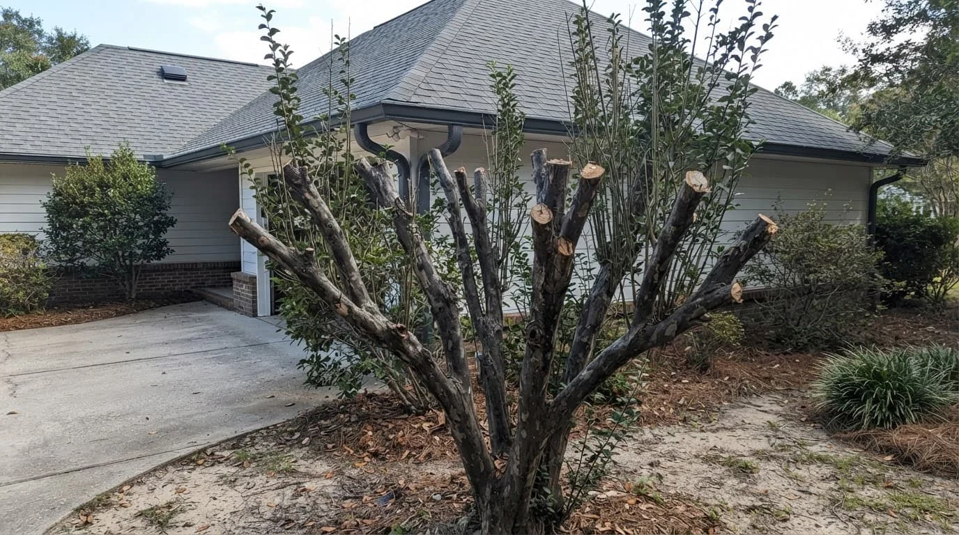 A topped tree with short branch stubs and weak shoots beside a driveway.