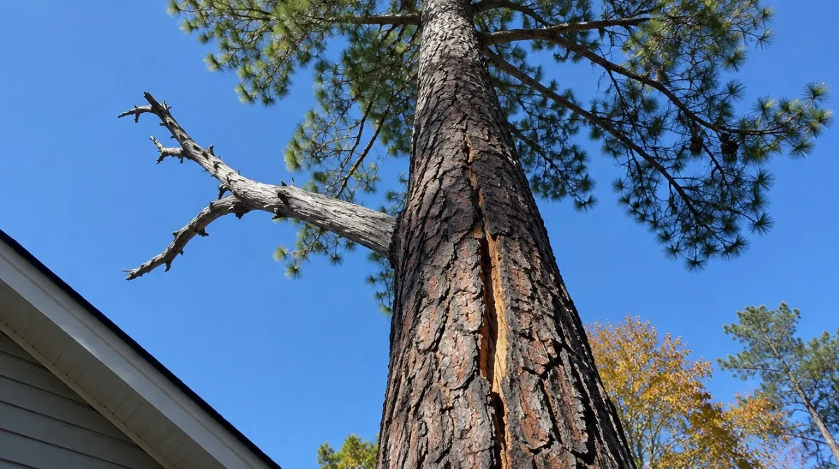 Dead grey limb and a vertical bark crack on a tall loblolly pine beside a coastal Georgia house