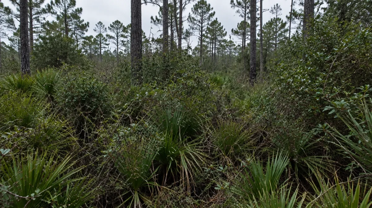 Thick saw palmetto and briar underbrush choking the ground beneath tall pines on an uncleared coastal Georgia lot