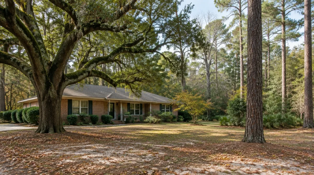 Live oak and tall pines around a coastal Georgia brick home in early fall with dead limbs visible in the canopy