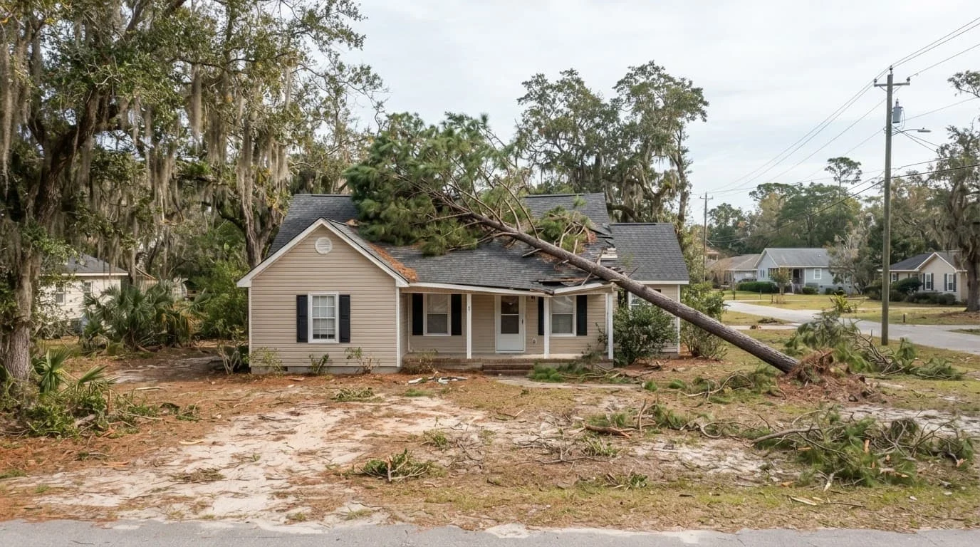 A fallen pine tree rests on a coastal Georgia house roof amid scattered branches.