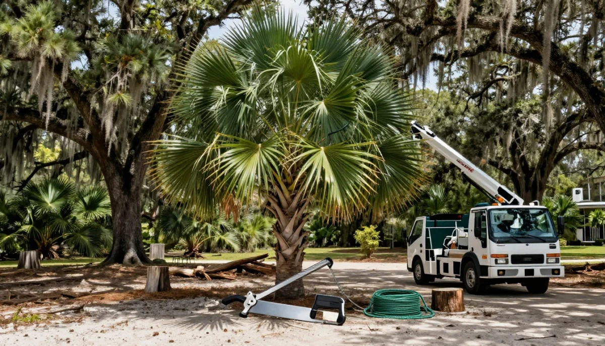 A tall Sabal palm stands beside pruning tools and a bucket truck in a coastal Georgia yard.
