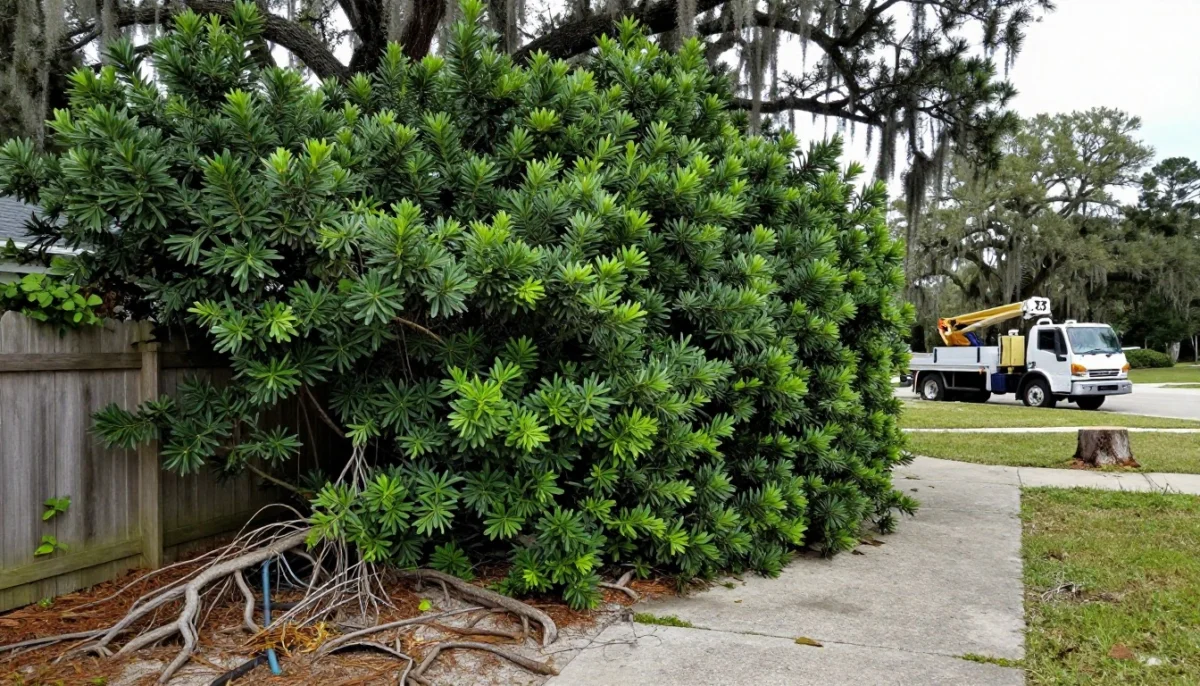 A dense shrub covers a fence beside a cracked walkway and tree-service truck.