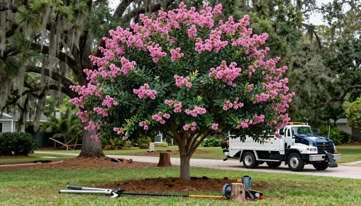 A blooming crepe myrtle stands beside pruning tools and a bucket truck in a Georgia yard.