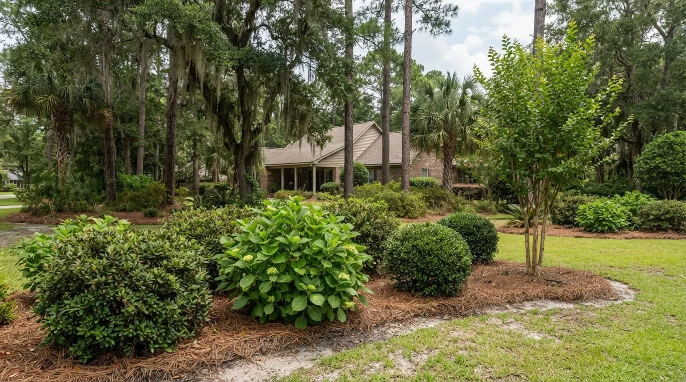 A Georgia yard with trimmed shrubs, sandy soil, and oak and pine trees.