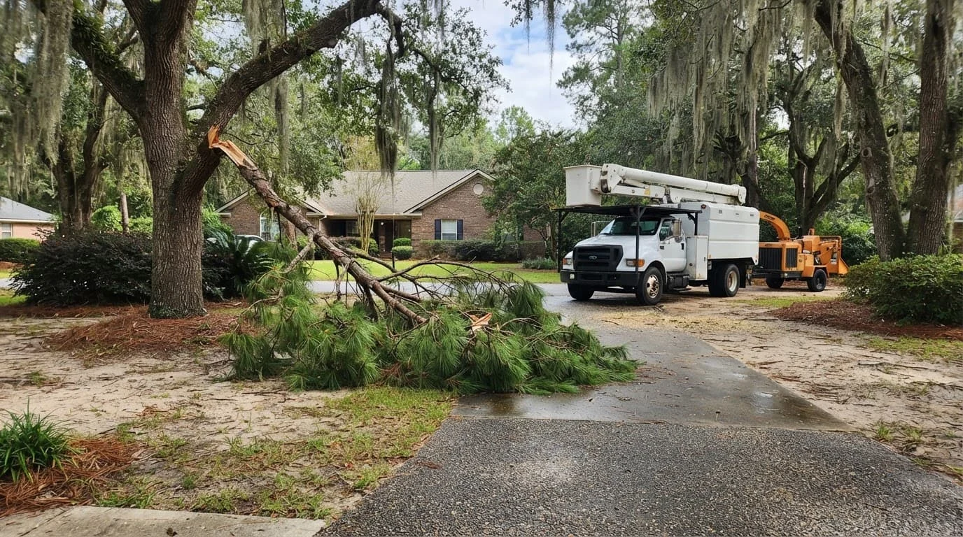 Fallen pine limb beside a driveway with a bucket truck and chipper nearby.