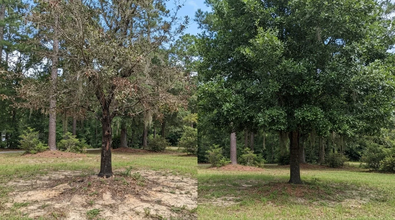 A stressed oak stands beside a healthier tree on sandy soil.
