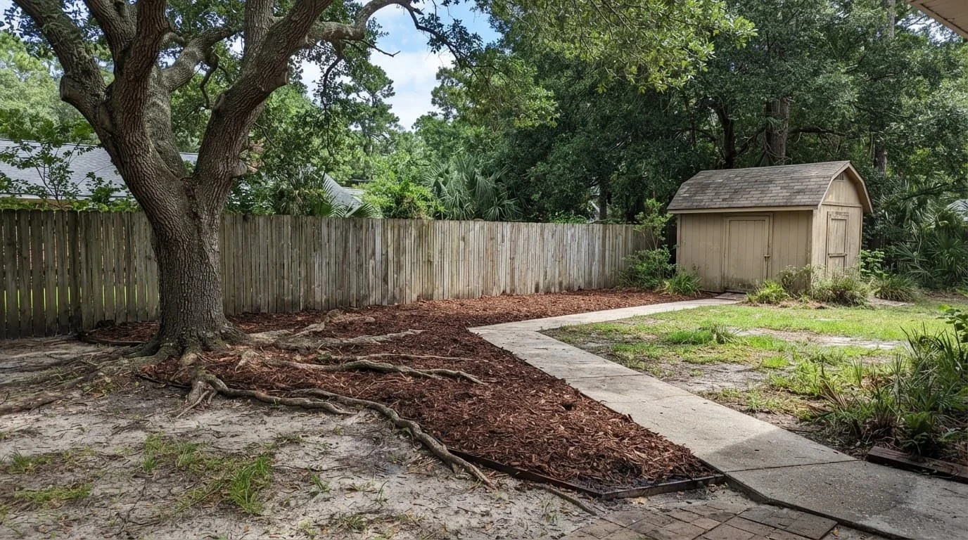 A mulched yard bed with protected oak roots and a clear walkway near a shed.