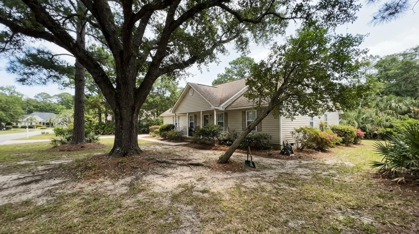 A Georgia yard with a house, live oak, pine, and visibly leaning tree.