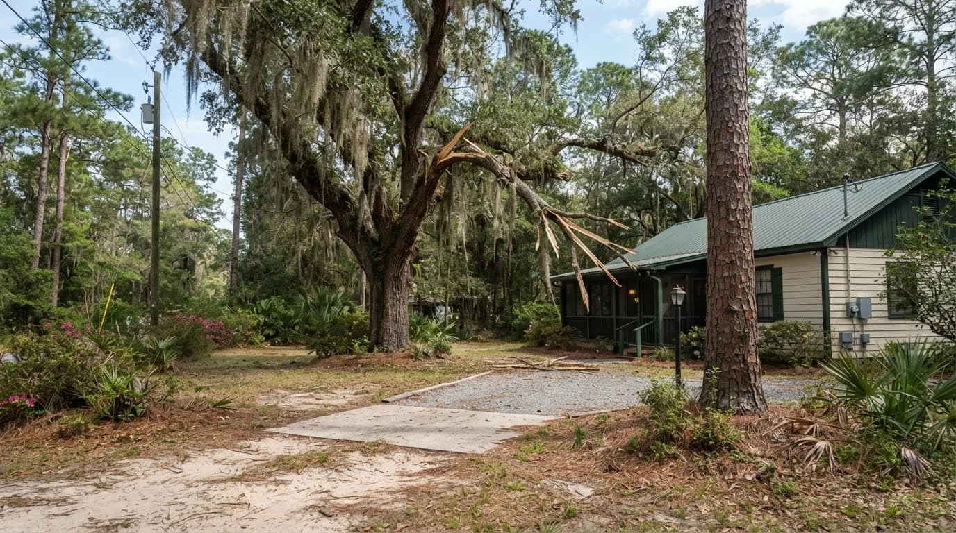 Storm-damaged trees and a hanging limb beside a house in a wooded Georgia yard.