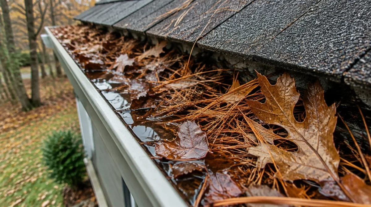 Rain gutter stuffed with pine needles and oak leaves with standing water along a shingle roof edge