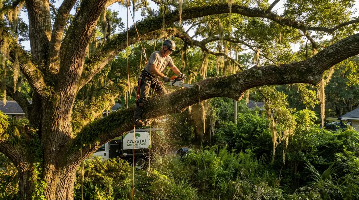 LoyalTree owner Michael Williams working high in a tree canopy during a removal in Savannah, GA