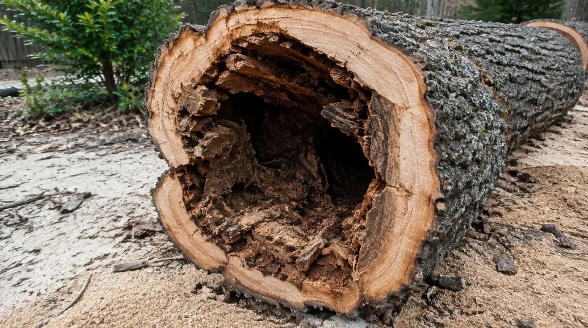 Cut section of a large oak trunk revealing a hollow decayed center and a thin shell of sound wood
