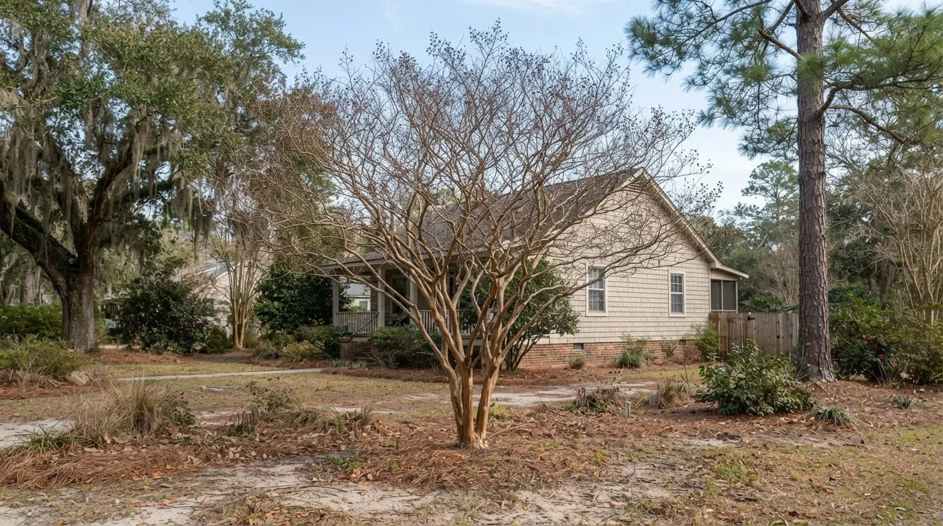 A mature crepe myrtle with open branches in a sandy Georgia yard.