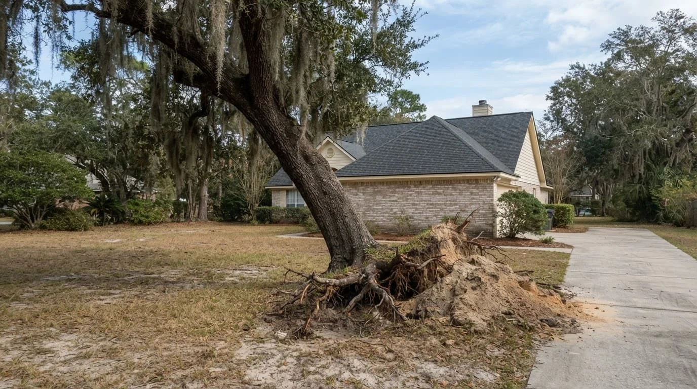 A leaning live oak with exposed roots stands beside a sandy coastal home.