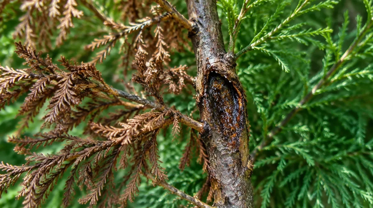 Close view of a Leyland cypress branch with brown dying foliage and a sunken canker on the stem