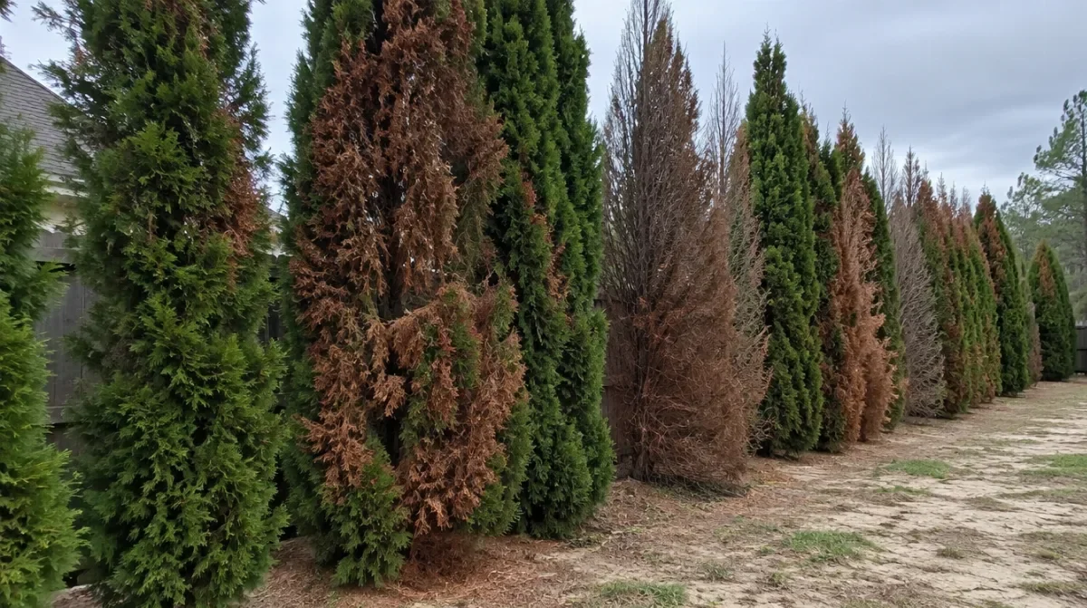 Privacy row of Leyland cypress with large rust brown dead patches beside a residential fence in Georgia