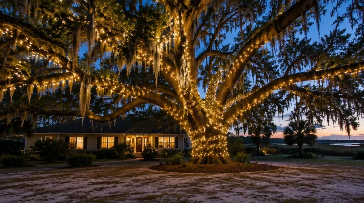 Large coastal Georgia live oak draped in warm white Christmas lights at dusk with Spanish moss glowing