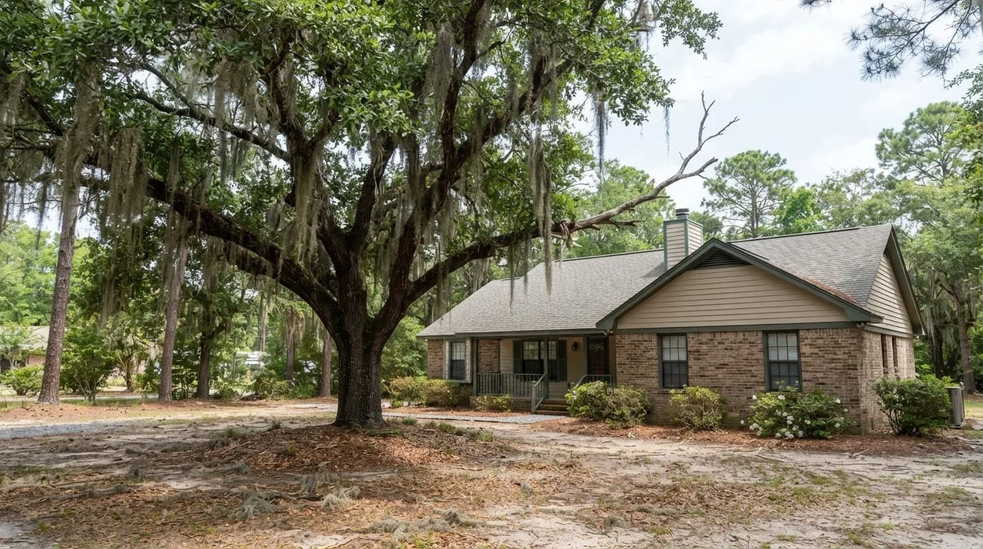 Live oak beside a house with Spanish moss and clear space above the roof.