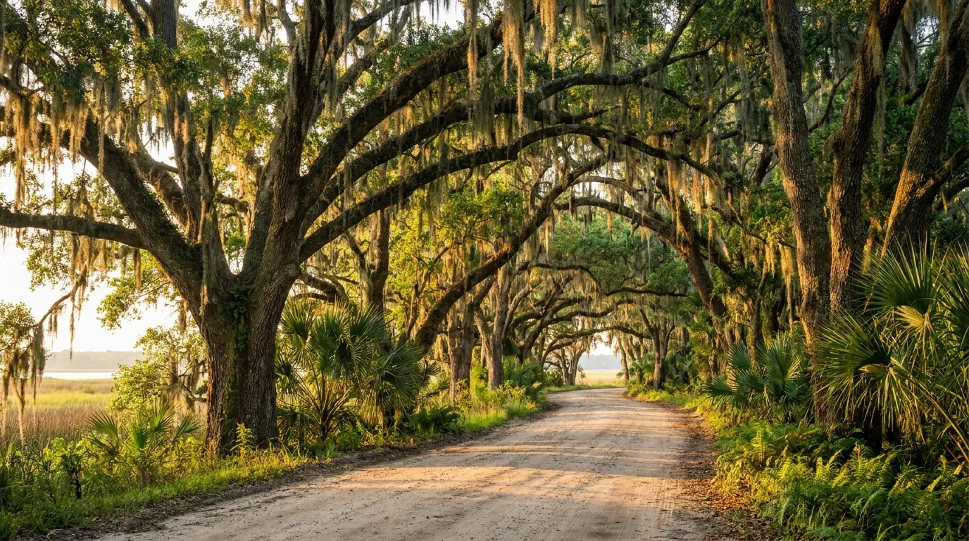 Spanish moss live oak canopy over a coastal Georgia road in the LoyalTree service area
