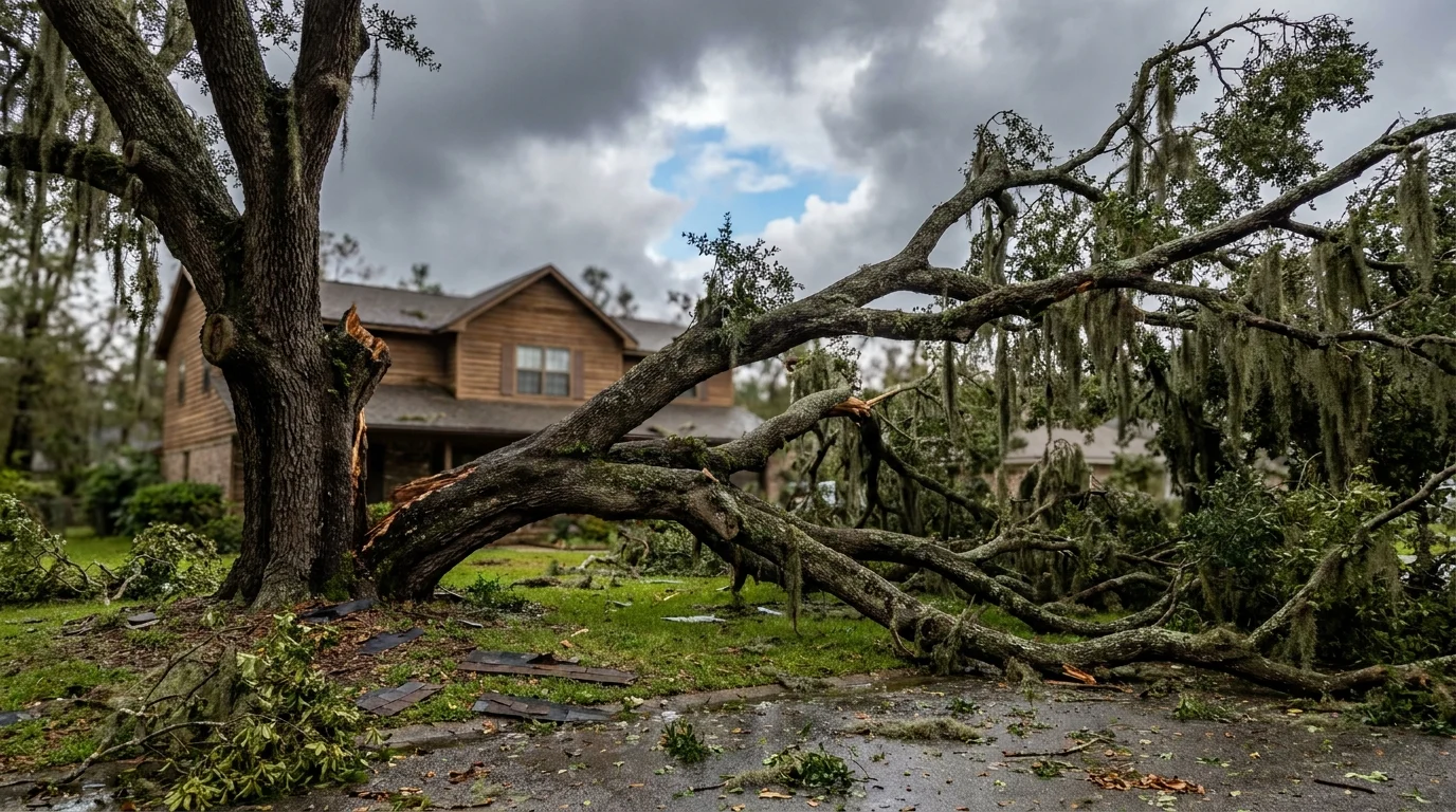 Large live oak fallen against a house after a coastal storm, handled by LoyalTree 24/7 storm response