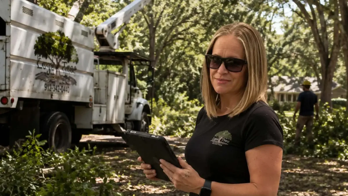 LoyalTree co-owner Mary Gledhill with a tablet on a tree-service job site