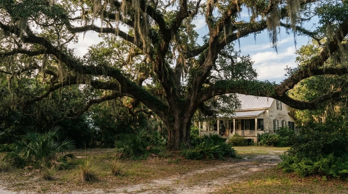 A mature live oak with Spanish moss stands in a coastal Georgia yard near an older home.