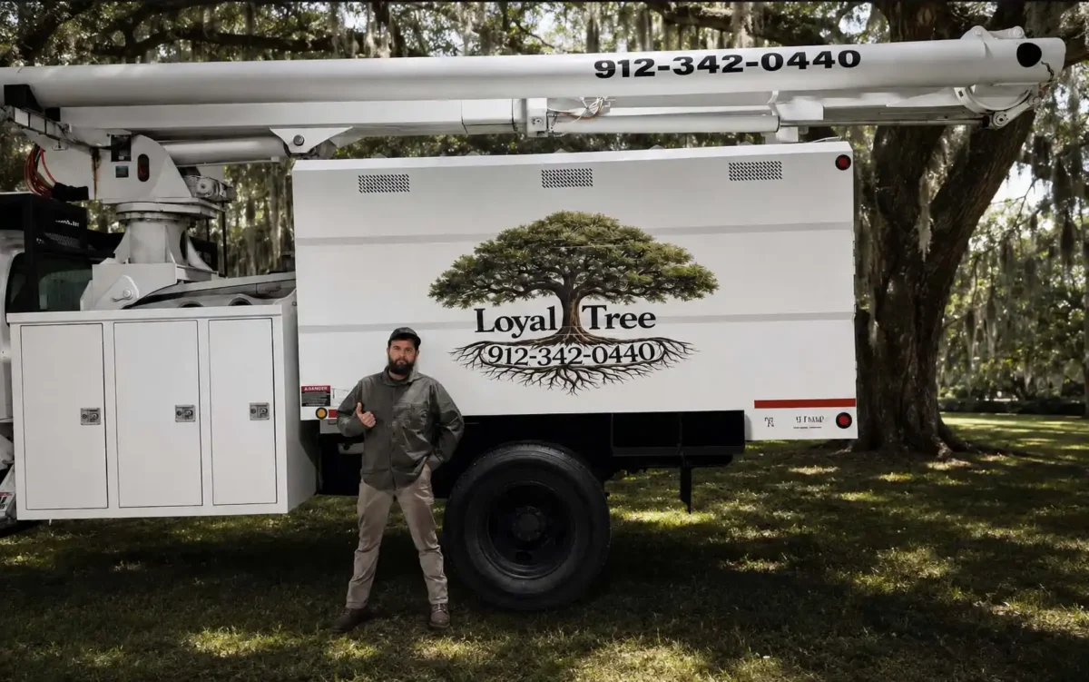 LoyalTree owner Michael Williams beside the company bucket truck on a job site