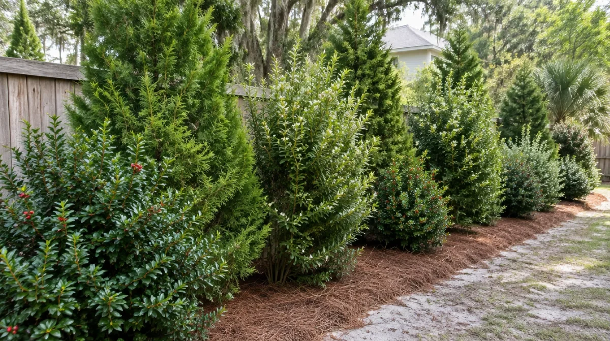 Healthy staggered privacy screen of eastern red cedar, wax myrtle and holly along a fence in coastal Georgia