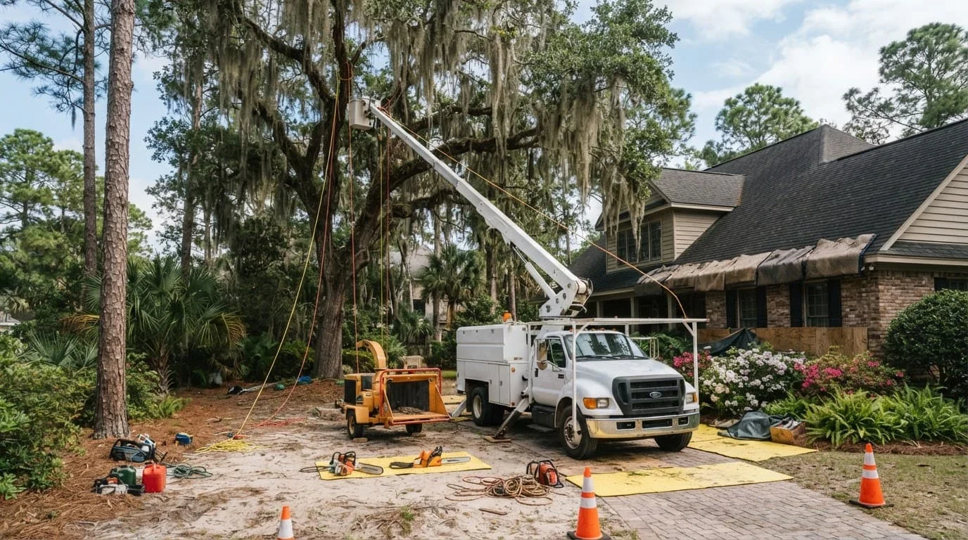 Equipment and protective mats surround a live oak beside a home.