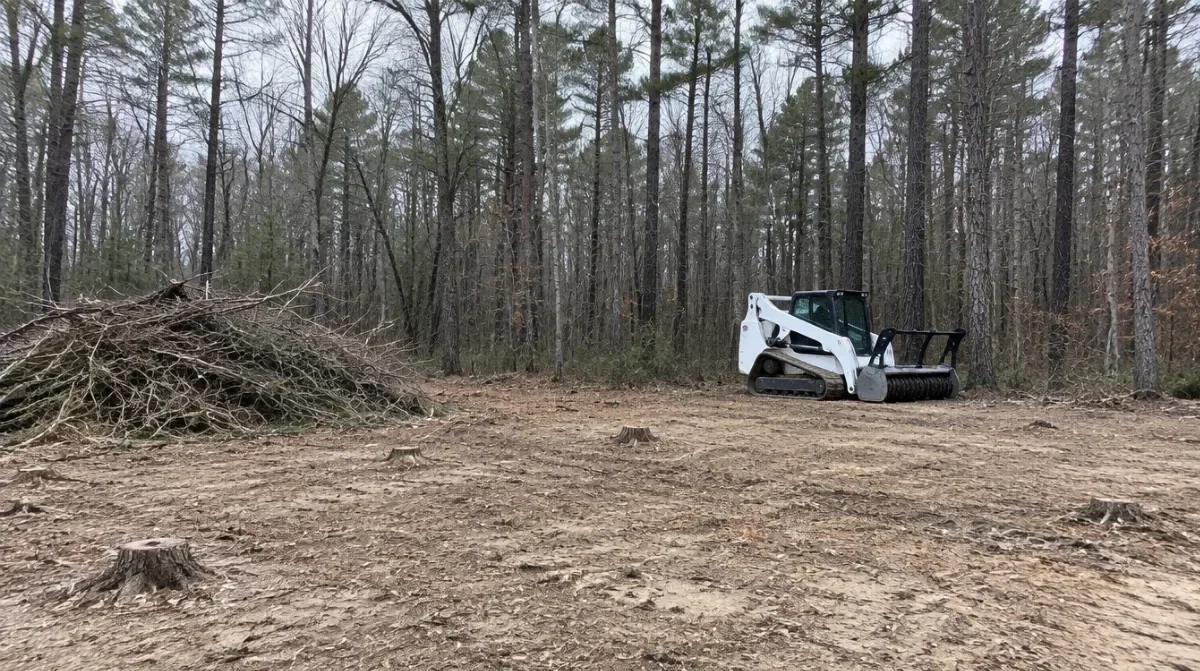 Wooded Georgia lot partly cleared in winter with underbrush removed, a brush pile and a white forestry mulcher at the tree line